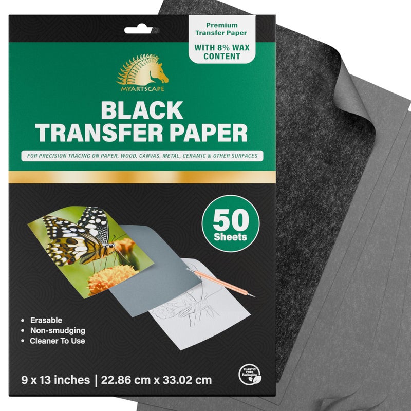 MyArtscape Graphite Transfer Paper - 9" x 13" - 50 Sheets - Waxed Carbon Paper for Tracing (Black) - Image 1